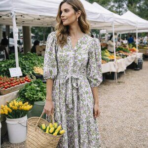 SZ Blockprints Feminine Lilac/ Green Floral Tie Midi Dress Sz Medium